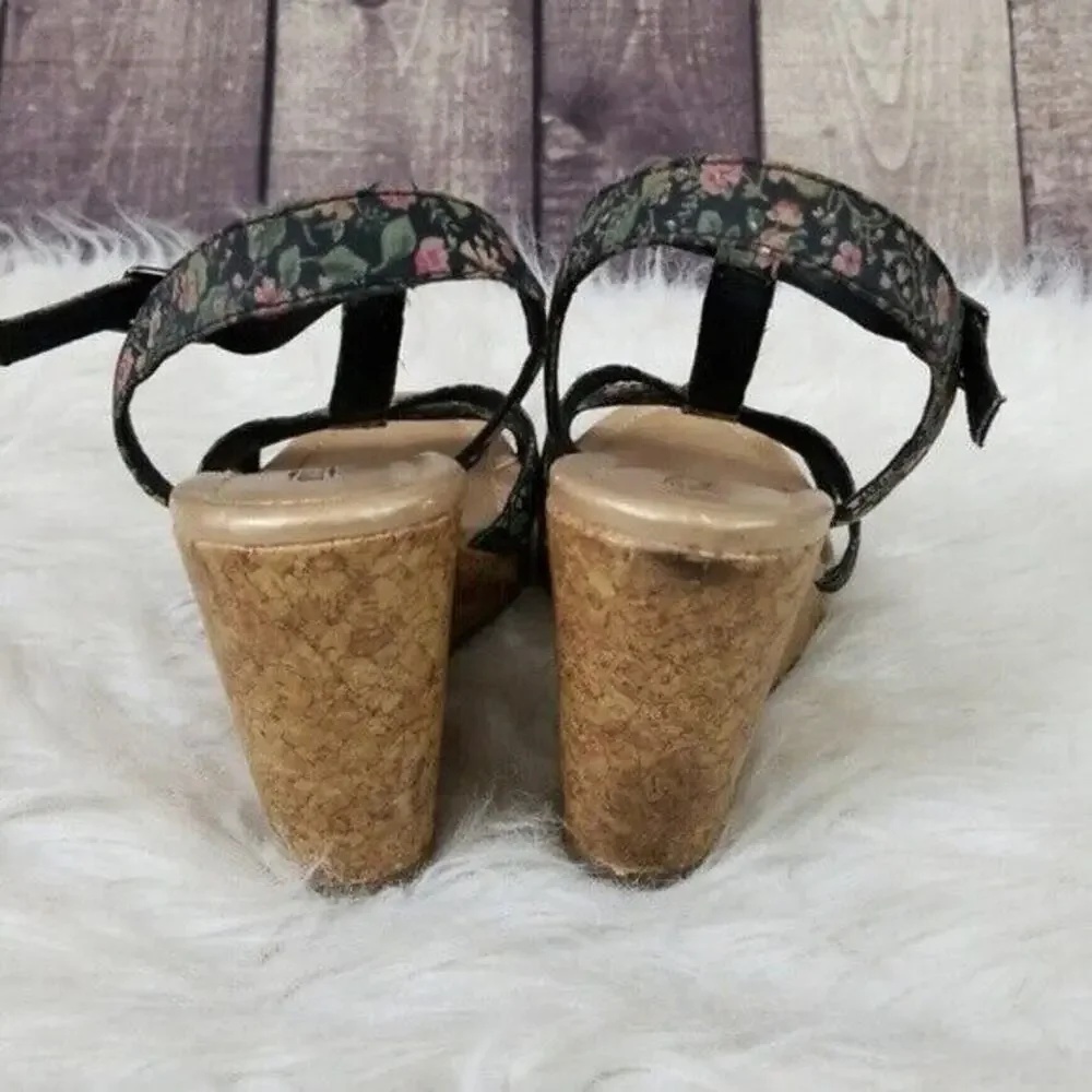 Seychelles Black Floral Print Fabric T-Strap Wedge Sandals Women's 9